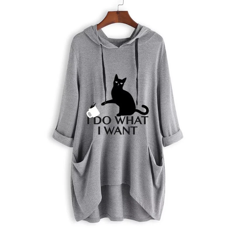 Nice Autumn Women Hoodies Print Cat Letter Hooded Long Sleeve Roll Up Pockets Irregular Tops Casual Lady Sweatshirts Oversized