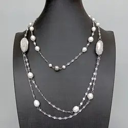 Y·YING Cultured White Biwa Pearl Cz Pave Rosary Chain Necklace Long Fashion Jewelry 40