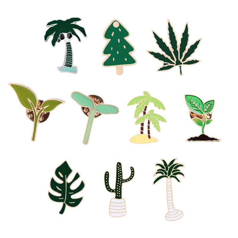 Green Plant Enamel Pins Cartoon Cactus Tree Grass Leaf Brooches for Women Bag Badge Jackets Hat Lapel Pin Fashion Jewelry Gifts