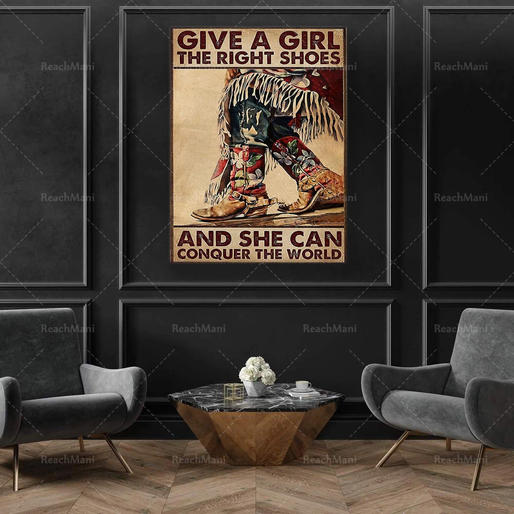 Affiche vintage de cowboy/cowgirl pour fille, poster d'art avec image de femme qui donne à une fille les bonnes chaussures et elle peut conquérir le monde