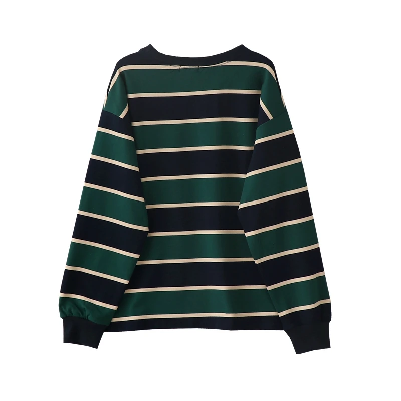 2021 Korean Fashion Style Striped Hoodies Women Harajuku Vintage Sweatshirt Female Green Crewneck Long Sleeve Kpop Clothes