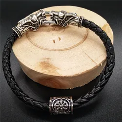 Vikingos Runes Beads Diy Charm Wolf Head Viking Jewelry Bracelet Leather Mens Bracelete Accessories