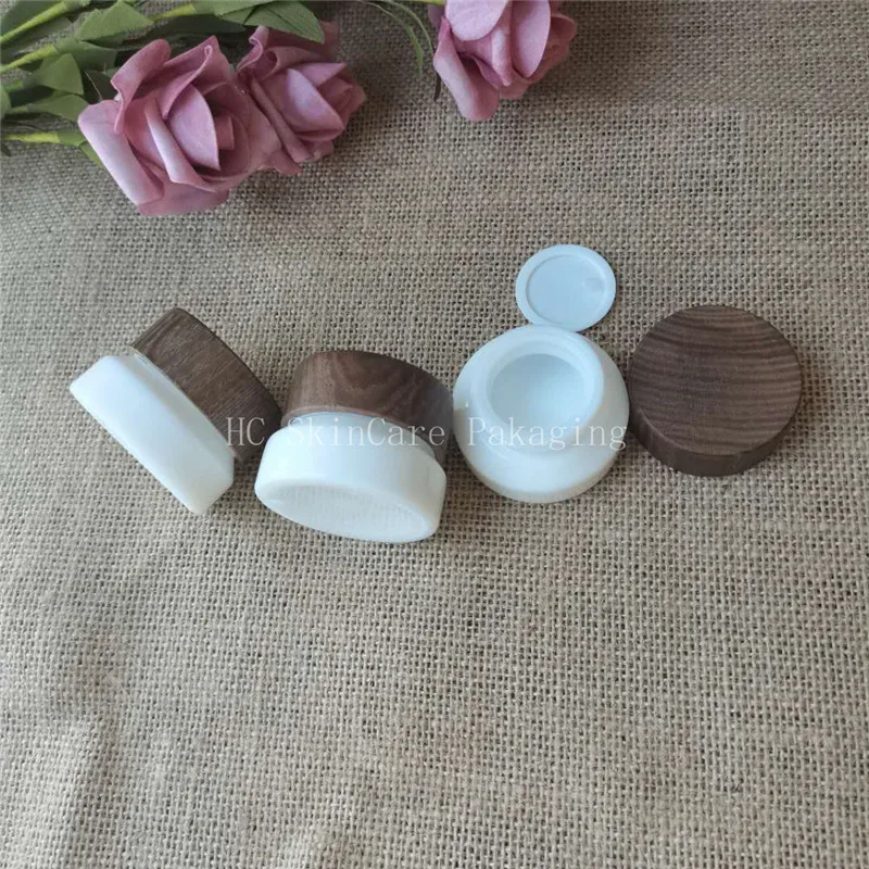 

Luxury 15g 50g Cosmetic Porcelain White Glass Jars With Dark Bamboo Wood Lid Cream Refillable Empty Makeup Container