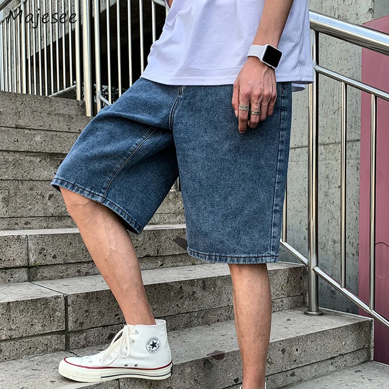 

Kneel-length Jeans Men Plus Size S-5XL Loose Chic Solid Trendy Leisure Teens Harajuku Handsome All-match Design Streetwear Ins