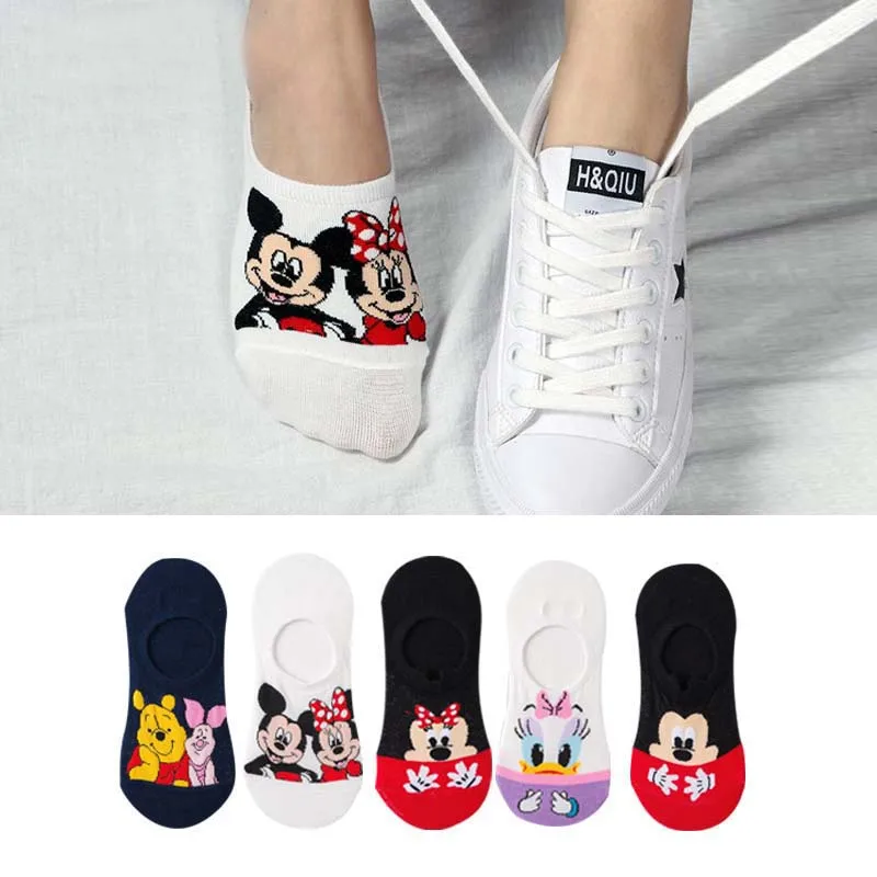 Chaussettes Disney en coton doux pour femmes, chaussettes invisibles, chaussettes amusantes, dessin animé animal, souris, canard, décontracté, mignon, été, taille 34-40, 5 paires