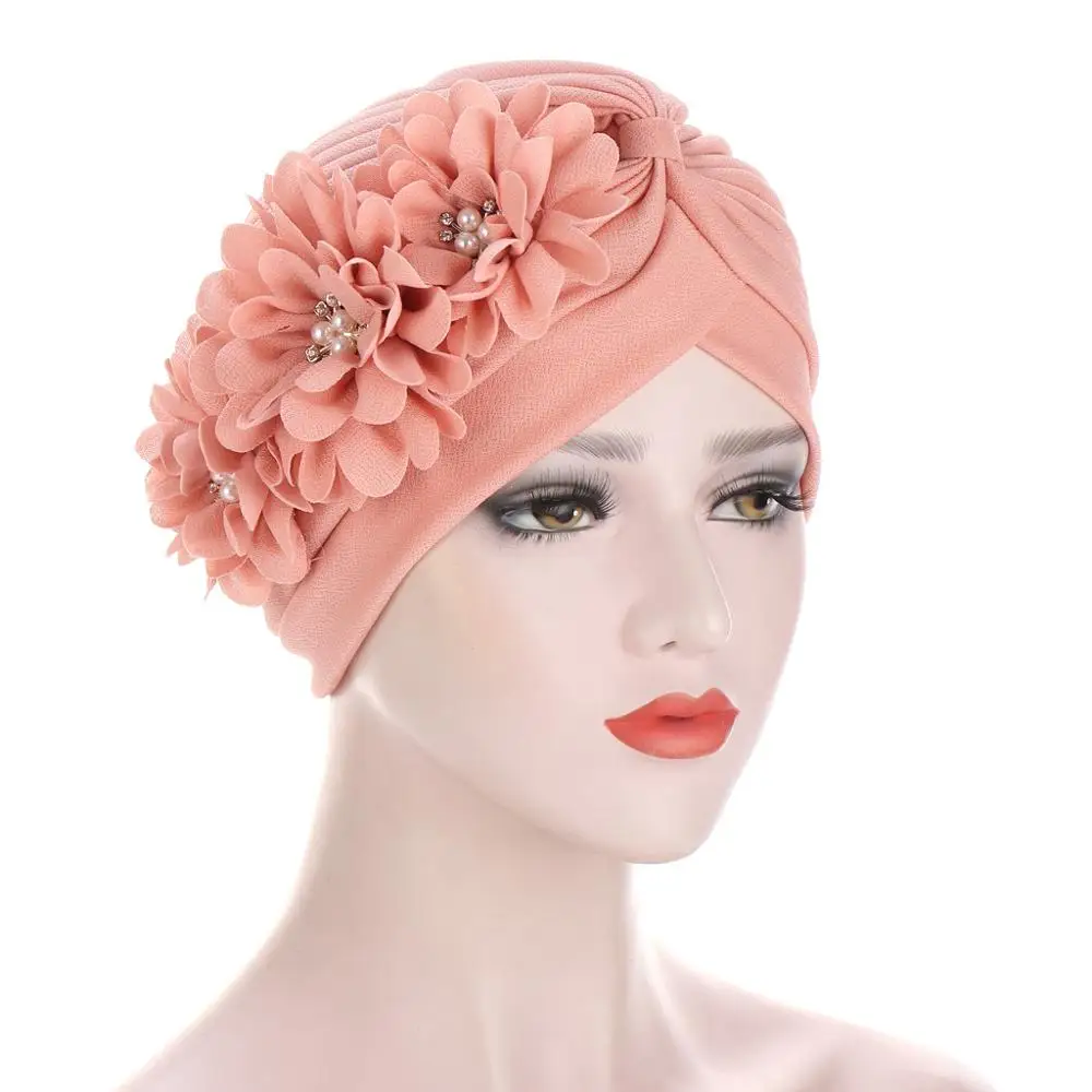 Turbante con volantes y flores para Mujer, gorros musulmanes elásticos con perlas, accesorios para el cabello, gorro indio, Turbante