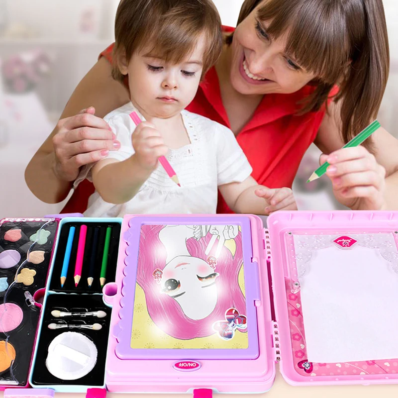 Kids Makeup Drawing Toys Multi-function Handle LED Painting Colorful Make up Cosmetics Suitcase Toy Drawing Board For Girls Gift