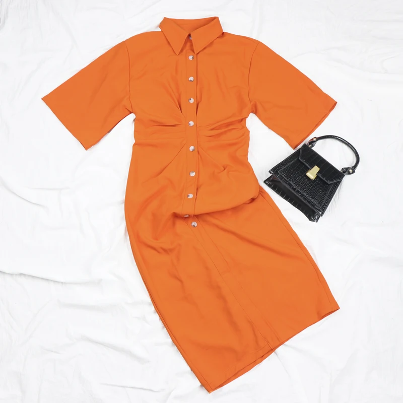 Robe boutonnée à manches courtes pour femmes, robe d'été décontractée, vert, monochromatique, chemise chic, fermeture à glissière latérale, mode féminine