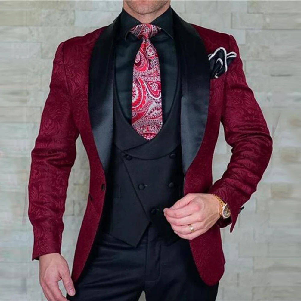 Traje Floral Burdeos para hombre, Blazer de fiesta de graduación con solapa negra personalizada, esmoquin para novio, 2024