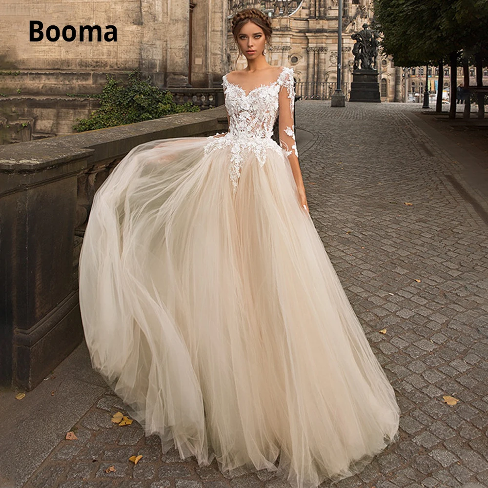 Booma Champagne Tulle Wedding Dresses with Three Quarter Sleeve 2020 Lace Appliques Bridal Gown Illusion Back Button Sweep Train