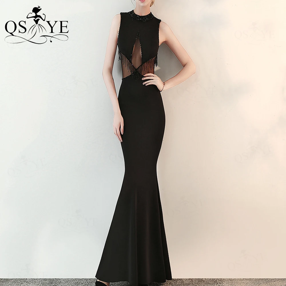 

Black Prom Dresses Beading Waist Princess Party Gown Crystal High Neck Open Hollow out Sides Evening Gown Sleeveless Zipper up