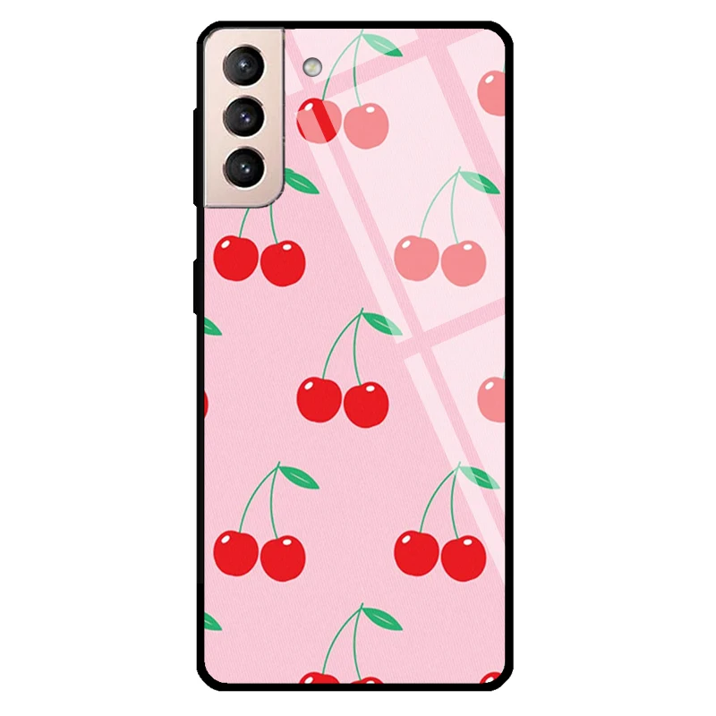 Pink Cherries Tempered Glass Case For Samsung Galaxy S20 FE S22 S21 S23 Ultra Note 20 S9 S10 Note 10 Plus