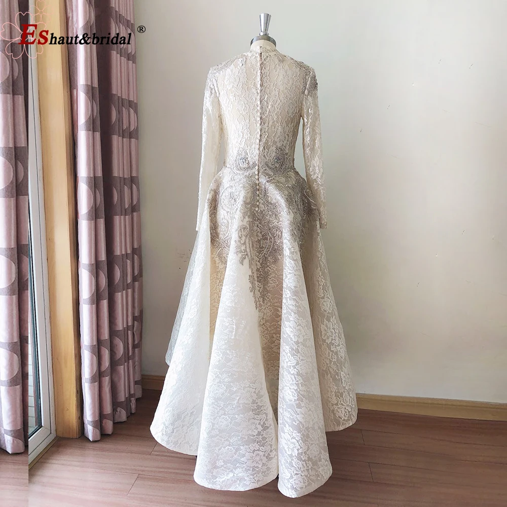 Rendas de luxo applique noite vestido 2022 muçulmano mangas compridas aline contas alta pescoço feito à mão formal casamento baile festa vestido