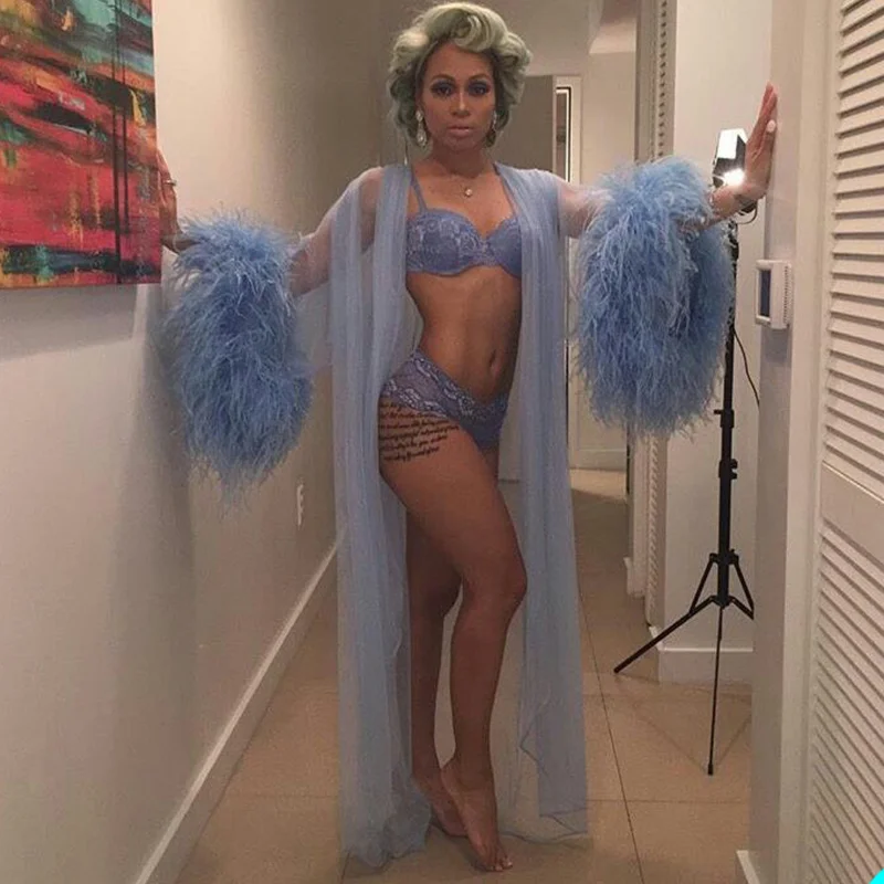 

Feather Sky Blue Night Robe See Through Illusion Party Sleepwear Custom Made Long Sleeves Floor Length Nightgowns Robes