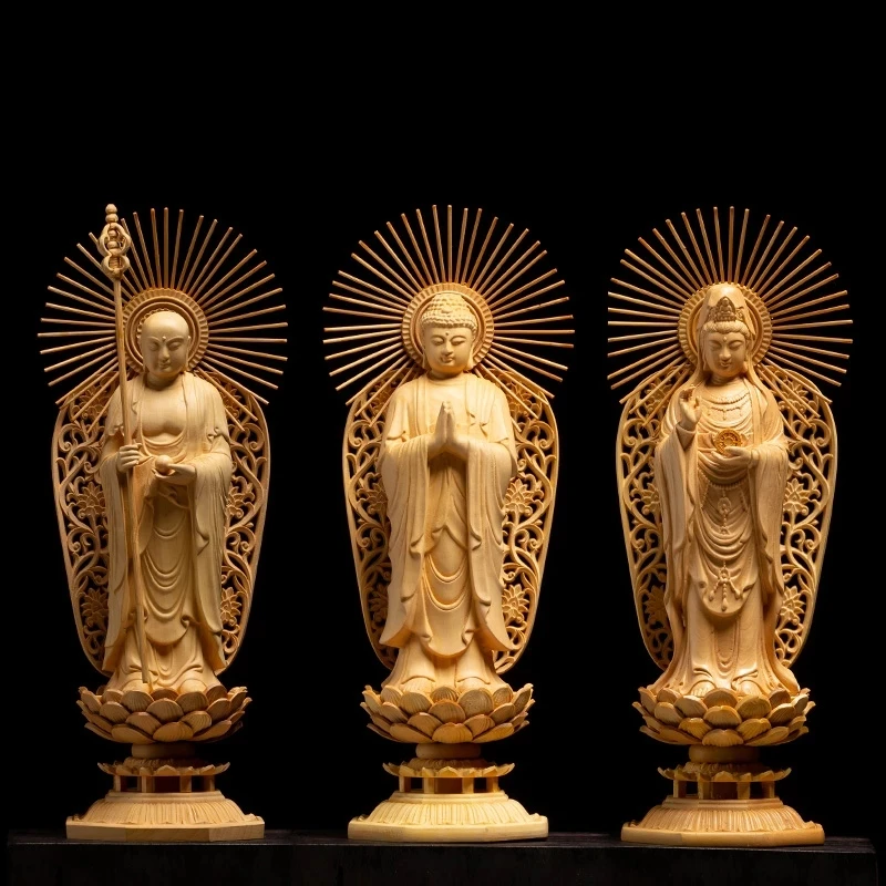 

Boxwood 27cm Three Buddha Sculpture wood Carvings Guanyin Shakyamuni Ksitigarbha Statue Home Decor