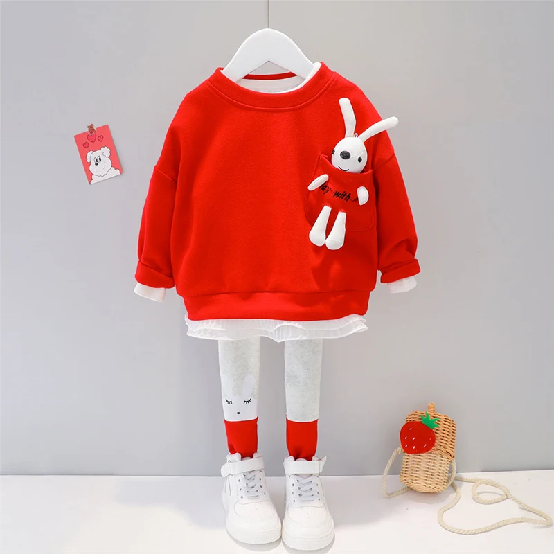 Baby Girls Clothing Sets Kids Casual Clothes Lace Cartoon Rabbit T Shirt Pants Toddler Infant Children Vacation Costume