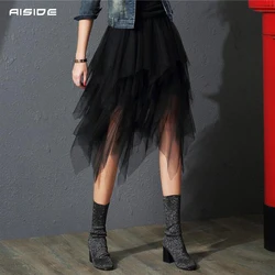 Tulle Skirts Womens Irregular Fashion Korean Elastic High Waist Mesh Tutu Skirt Sexy Pleated Long Skirts Midi Skirts for Women