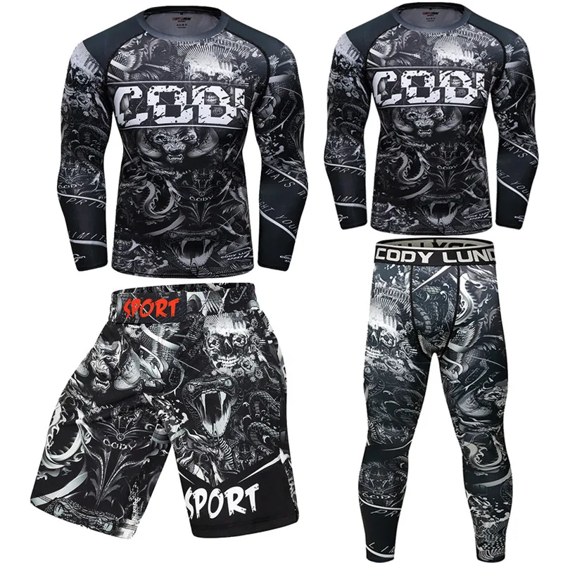 Men Sport kickboxing Set Compression T-Shirt+Pants Skin-Tight Long Sleeves Fitness Rashguard MMA Training Clothes Jerseys set