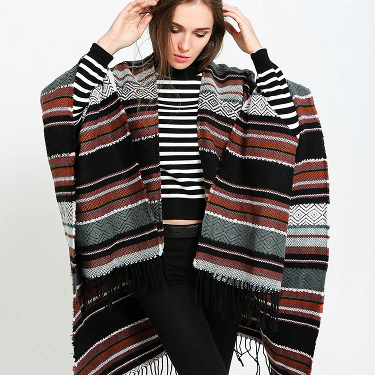 

2019 New female color stripes foreign trade imitation cashmere double sided split large shawl cape