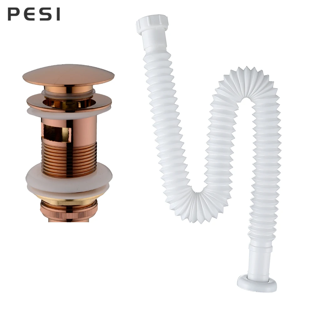 Basin Bottle Trap Brass Bathroom Sink Siphon Drains With/Without Pop Up Drain Black P-TRAP Telescopic Pipe Waste，Rose Gold.