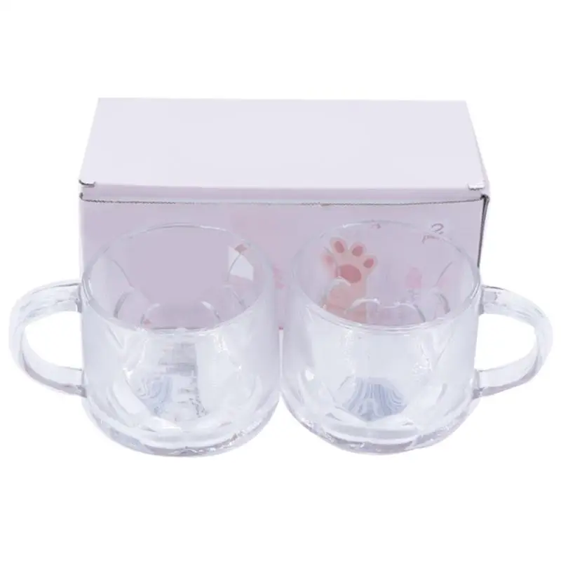 Kapmore 2PCS  Cat Claw Cup Creative Glass Coffee Mug Cartoon Cute Milk Juice Home Clear Transparent Glass Paw Cup With Handle