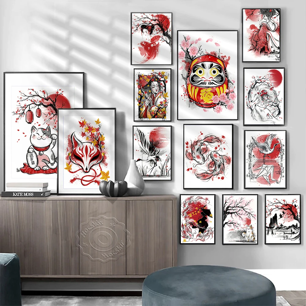 Japan Geisha Bushido Cat Fish Crane Fox Kanji Poster Wall Stickers Home Decor Wall Art Painting Living Room Wall Decoration