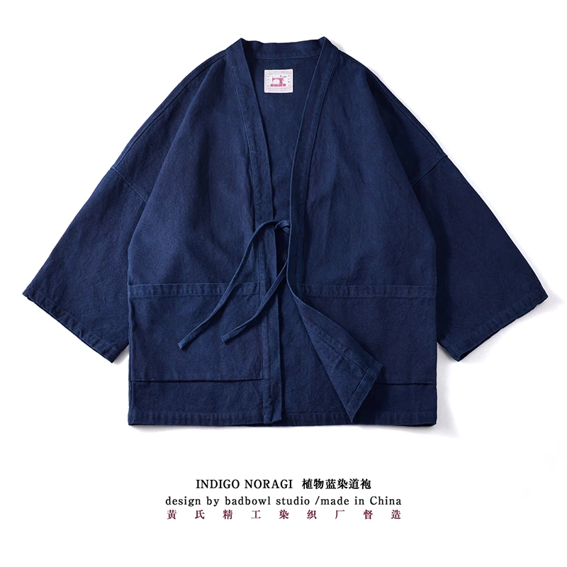 BADBOWL Japanese Vintage Plant Indigo Jacket Mens Blue Dyeing Road Robe Retro Casual Kimono Jacket 2021 Spring Autumn Loose Coat