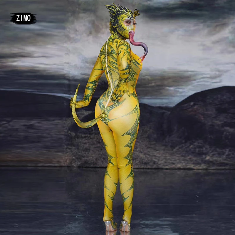 Halloween nightclub Jumpsuit women Role Playing Animal Cosplay Costume Lizard 3D Printing Jumpsuits Stretch Tights performance