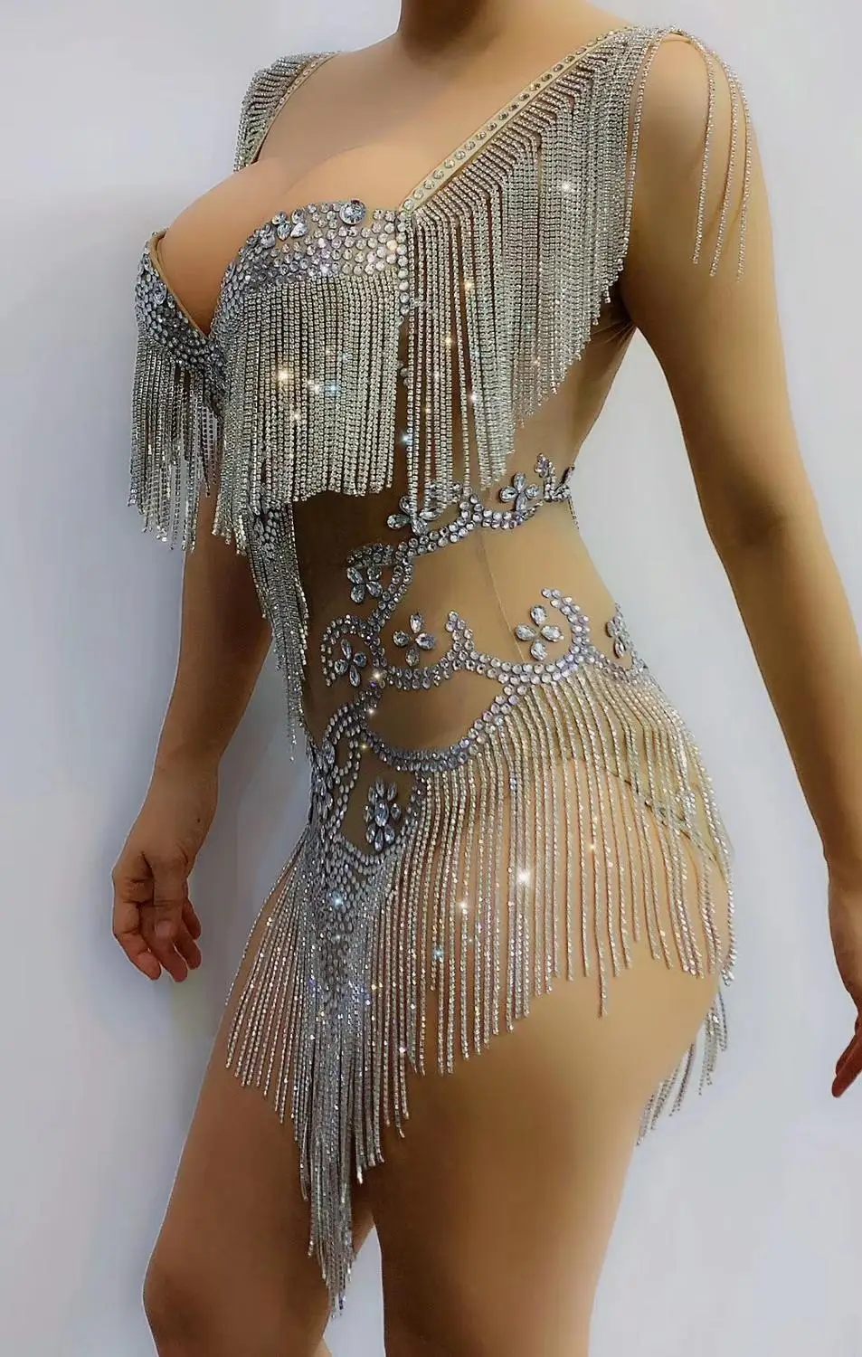 Fashion Latin Dance Fringes Crystals Outfit Nightclub Dancer Costumes Singer Sexy Stage Wear Silver Rhinestones Tassel Bodysuit