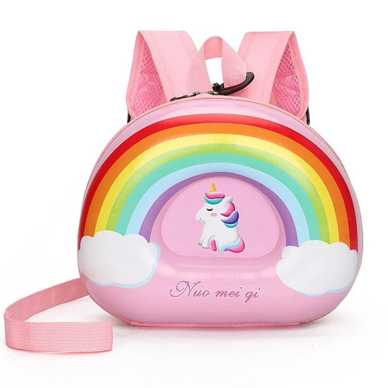 Mochilas anti-perdidas do unicórnio dos desenhos animados para meninas, Bolsas escolares casca ovo, linda mochila arco-íris para criança, saco kawaii