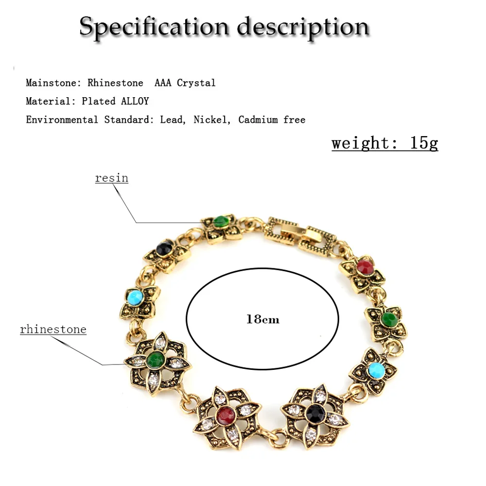 Sunspicems Vintage Bohemia Charm Bracelet Wrist Chain Colorful Stone Retro Gold Silver Plated Women Leisure Jewelry Indian Gift