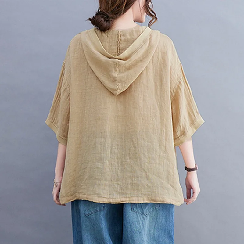 Women Summer Cotton Linen Hooded T-shirts New Arrival 2021 Simple Style Solid Color Loose Female Casual Tops Tees B391