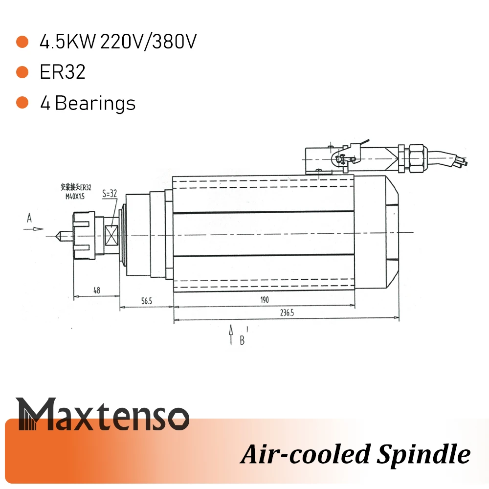 MAXTENSO 4,5 KW 220V 380V luftkühlung Spindel Motor CNC Router ER32 collet Air-cooled spindel für gravur Fräsen Maschine GDZ