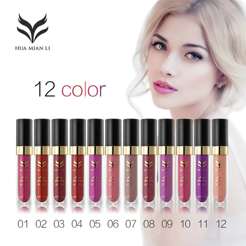 HUAMIANLI 12Colors Waterproof Liquid Lipstick Matte Lips Gloss Beauty Makeup Matt Lipgloss Lip Stick Long Lasting Cosmetic H01