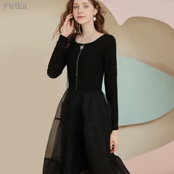 ARTKA 2022 Spring New Women Dress Elegant Knitted Gauze Patchwork Black Dress Long Sleeve Ruffle Midi Dress With Pocket LA20125C