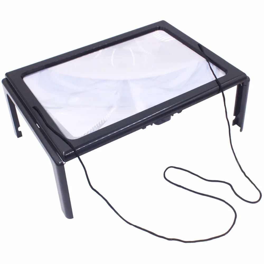 With 4 LED Lights  A4 Full-page Giant 3X Foldable Magnifying Glass Hands-free Reading Table Needle and Thread Knitting