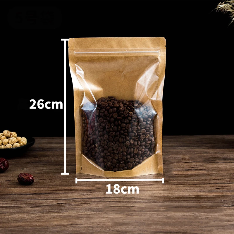 50Pcs Kraft Food Packaging Ziplock Bag With Transparent Window Stand Up Kitchen Coffee Beans Nut Cookies Storage Reclosable