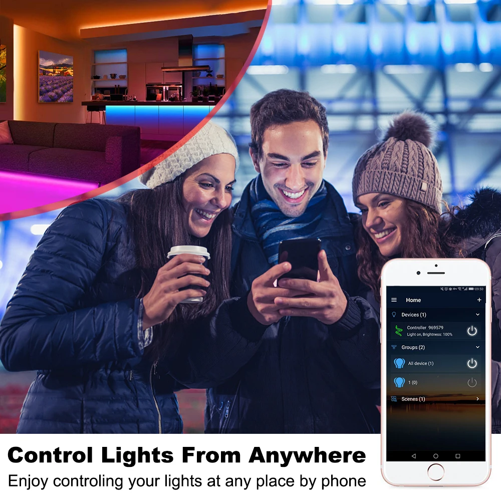 12V Smart Lighting 10m 5050 RGB LED Light Strips Set+ WIFI APP Remote Controller + Transformer for Alexa Assistant