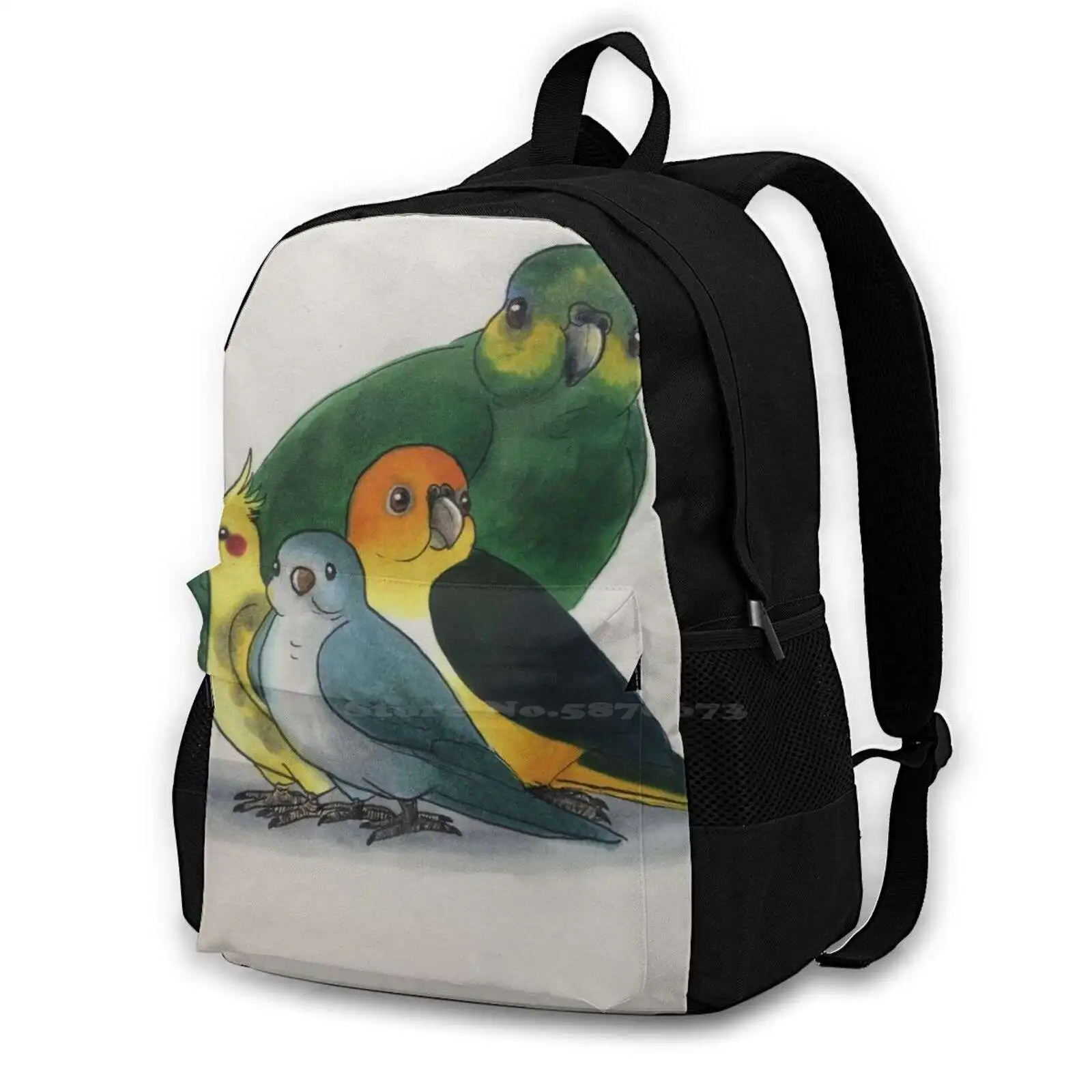 The 4 Ps Hot Sale Schoolbag Backpack Fashion Bags The 4 Ps Birds Parrots Orange Winged Cockatiel White Bellied Caique Monk