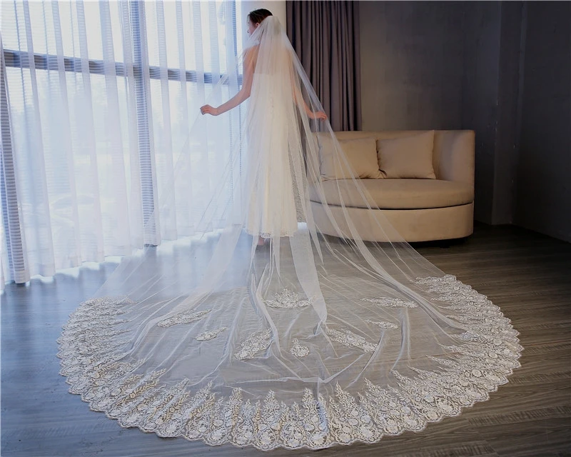 Elegant 3.5 Meter Ivory Cathedral Wedding Veil Long Lace Applique Bridal Veils with Comb Wedding Accessories Bride Veu Bodas