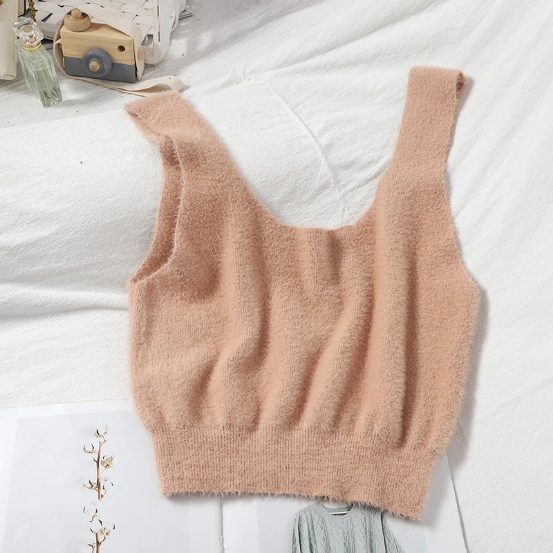 Pearl Diary Women Spring Fuzzy Knitted Soft Tank Tops U Neck Solid Color Sexy Cashmere Sleeveless Casual Cropped Top New Styles