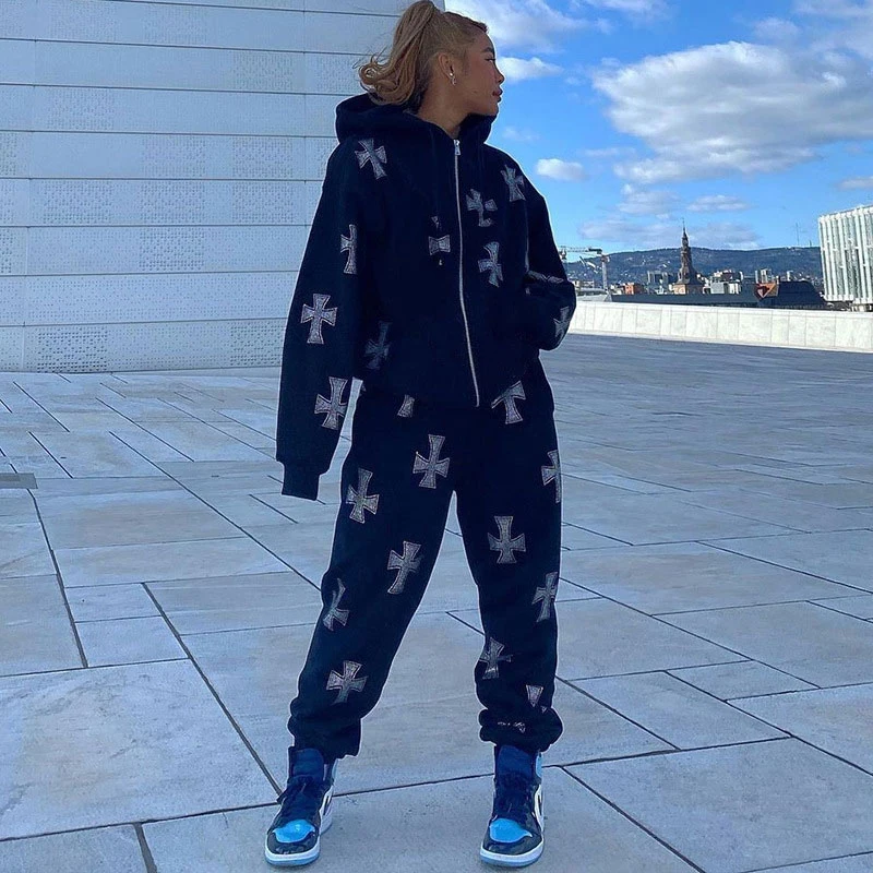 Tracksuit Women Cross Rhinestone Print Women Pants Warm Hoodie Sweatshirts And Hip Pop Joggers Fashion Two Piece Sets Ladies New