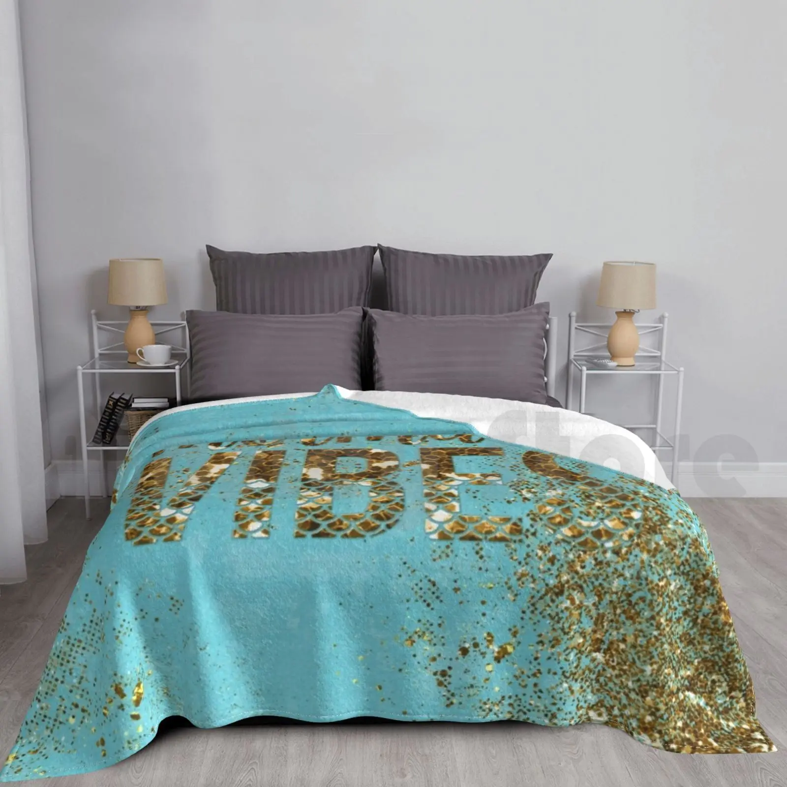 Mermaid Vibes-Gold Glitter Typography On Teal Texture Blanket For Sofa Bed Travel Abstract Animal Blink Fish