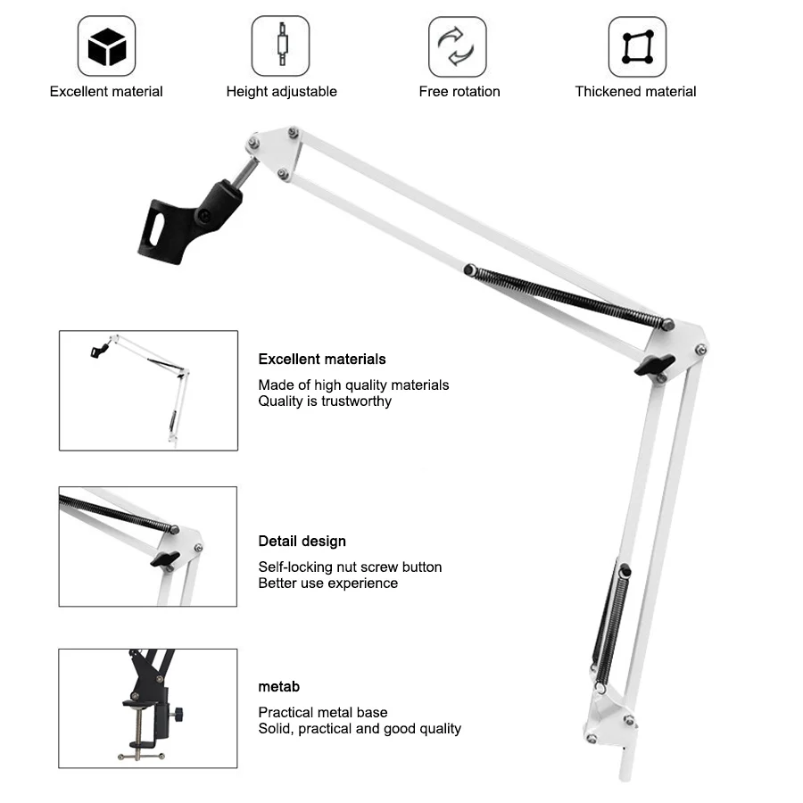 Supporto per microfono regolabile in metallo supporto da braccio per microfono da Studio da 31 pollici/80cm con morsetto di montaggio da tavolo con Clip per microfono
