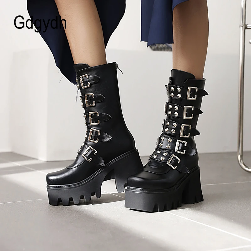 Gdgydh Autumn Winter Gothic Punk Womens Platform Boots Black Blet Buckle Strap Creepers Platform Shoes With Zipper Military Boot