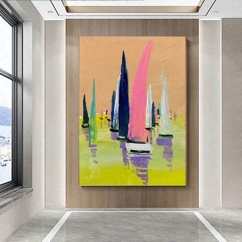 

100% Handmade Colorful Knife Seascape Sailboat Oil Paintings Modern Abstract Canvas Wall Art Picture Home Nordic Decoration