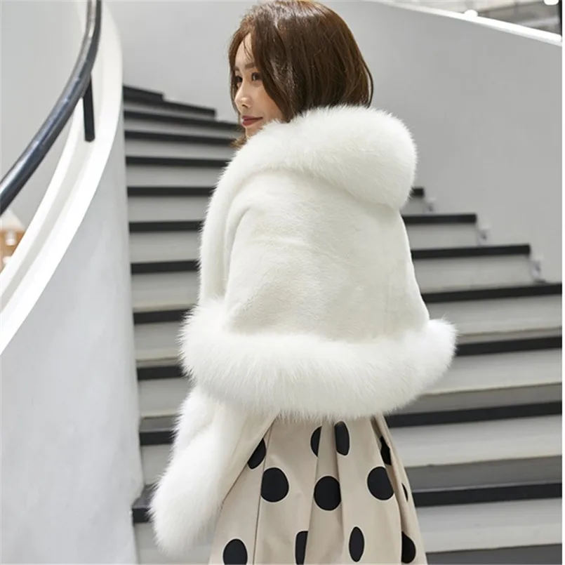 Winter White Genuine Mink Fur Shawl With Real Fox fur Trimmed Cape Women\'s Fur Pomcho Wraps Poncho