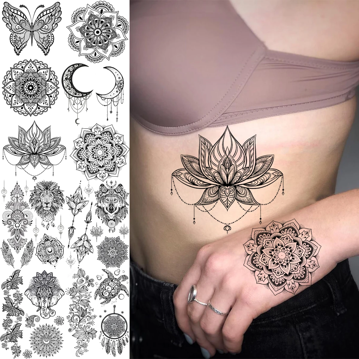 Realistic Henna Lotus Mandala Butterfly Waist Temporary Tattoos For Women Adult Fake Tattoo Sticker Waterproof Body Art Tatoo