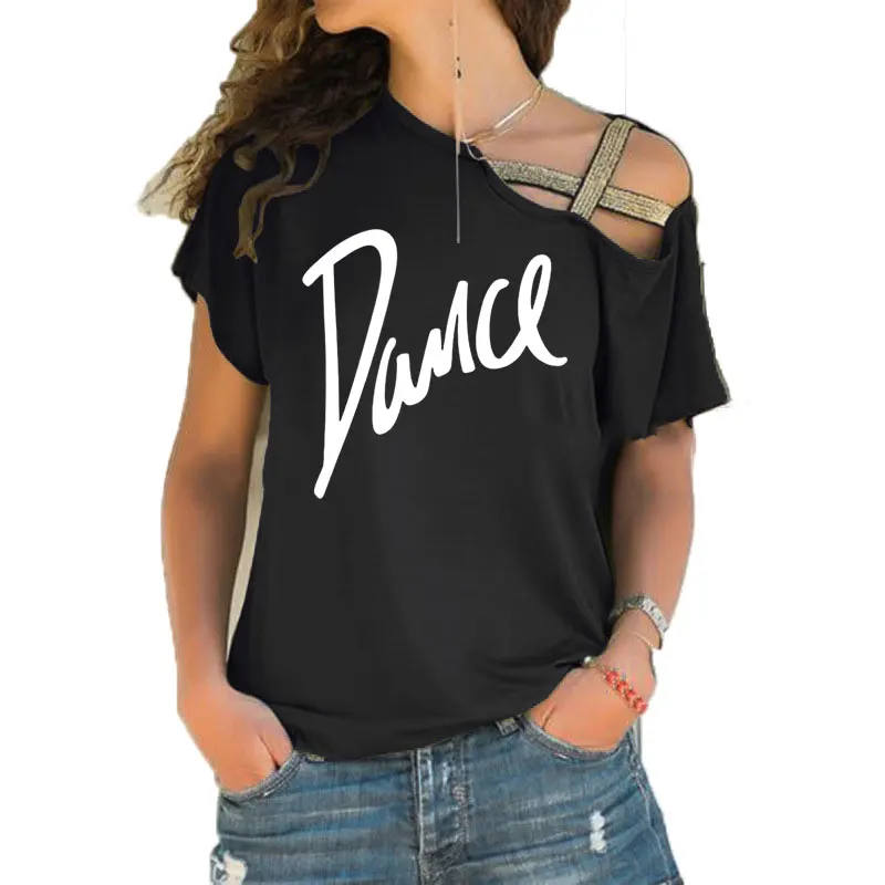 T-shirt damski Loose Slash Neck T Shirt Ladies Casual Letter Dance T-shirt Summer Casual Irregular Skew Cross Bandage Tops Tee