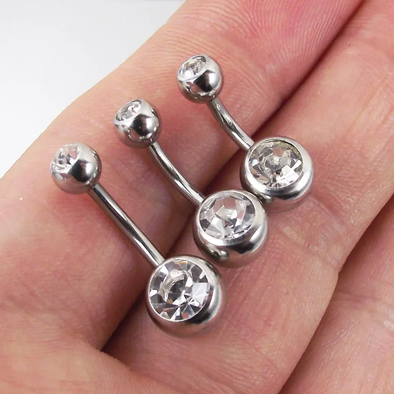 1 Piece 14G Screw Belly Ring Curved Banana Navel Bell Button Ring Clear Double Crystal Ball Body Piercing Jewelry